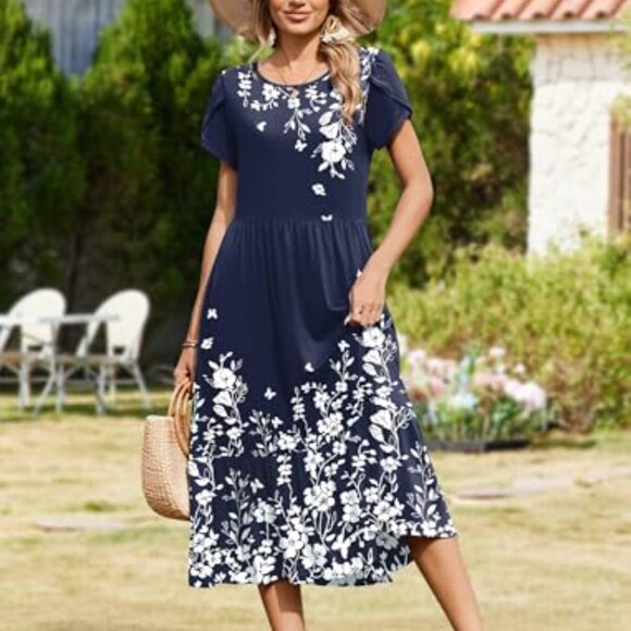 Summer Midi Dress Tiered Flowy A-Line Casual Elegant Beach Vacation Wear - Picture 5 of 8